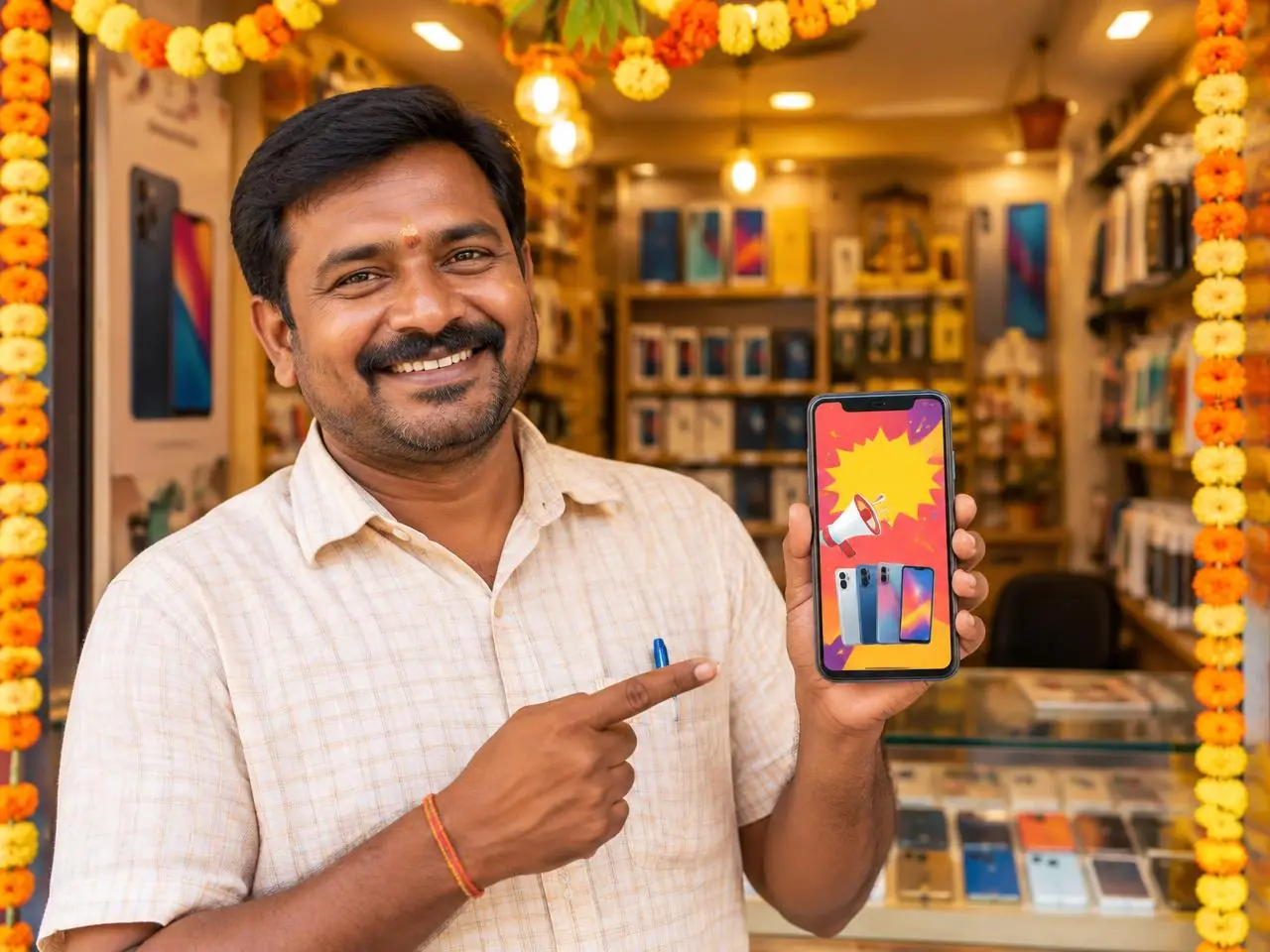 Illustration of a shopkeeper showing an ad on a phone in his shop